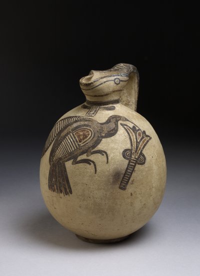 Squat bichrome kruik in vrije-veld stijl met afbeelding van een vogel die een lotus plukt, Cypro-Archaïsche periode, ca. 750-480 v.Chr. door Cypriot